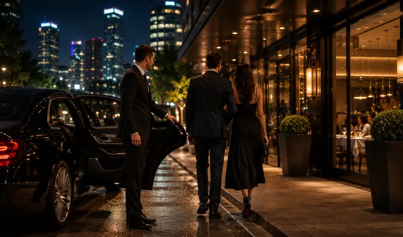 Luxury chauffeur dropping off guests at a Houston fine dining restaurant for an elegant evening culinary experience.